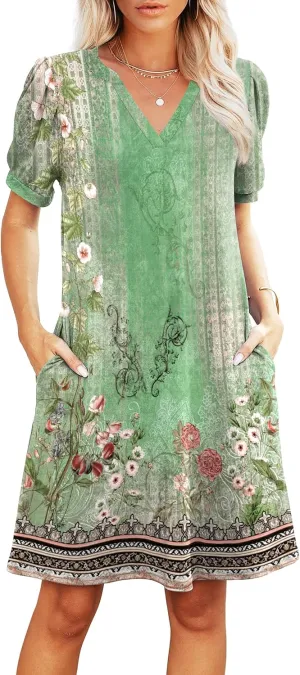V-Neck Summer Casual Sundress for Women- Puff Short Sleeve Swing Beach Dress with Pockets