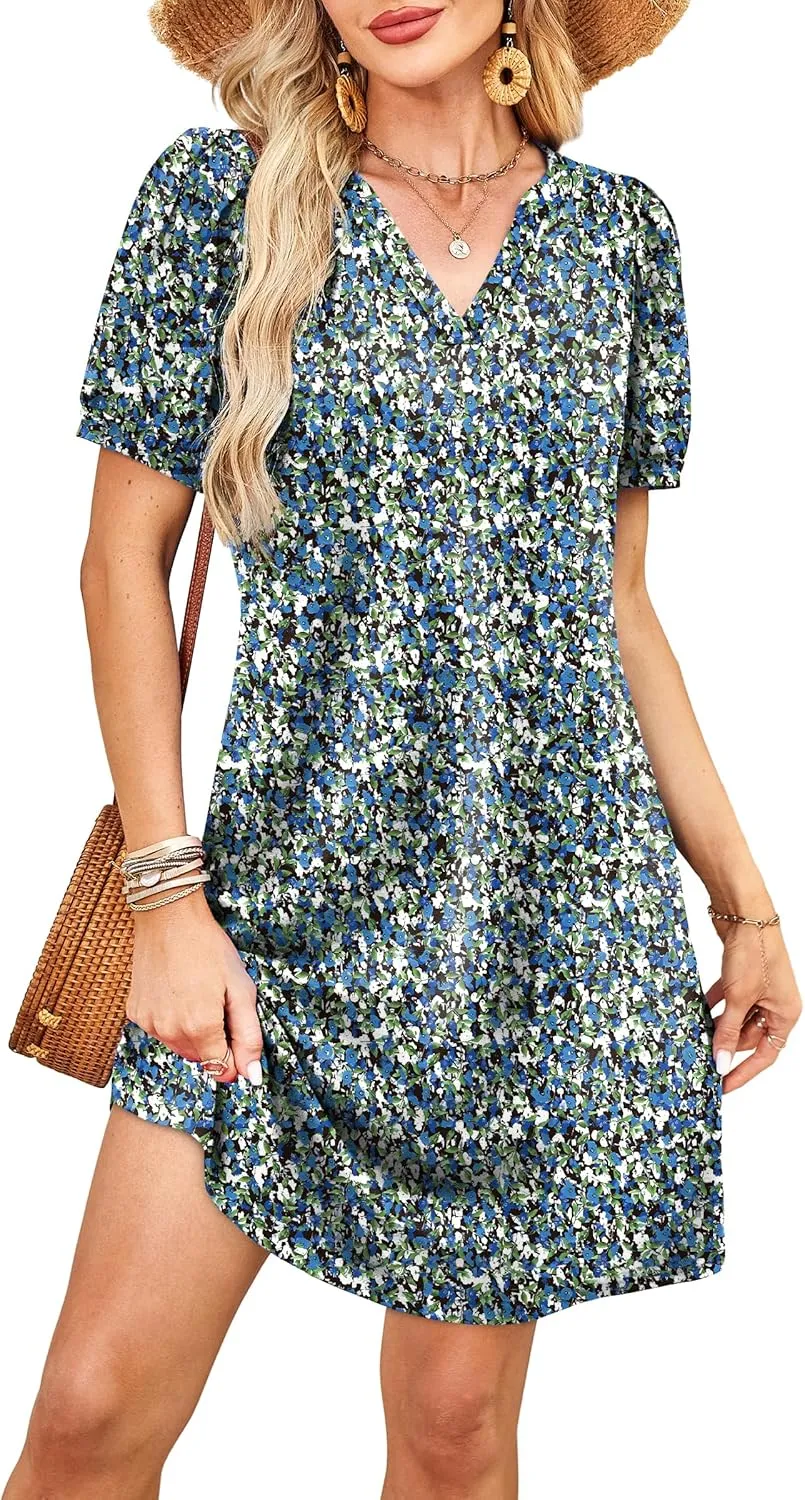 V-Neck Summer Casual Sundress for Women- Puff Short Sleeve Swing Beach Dress with Pockets