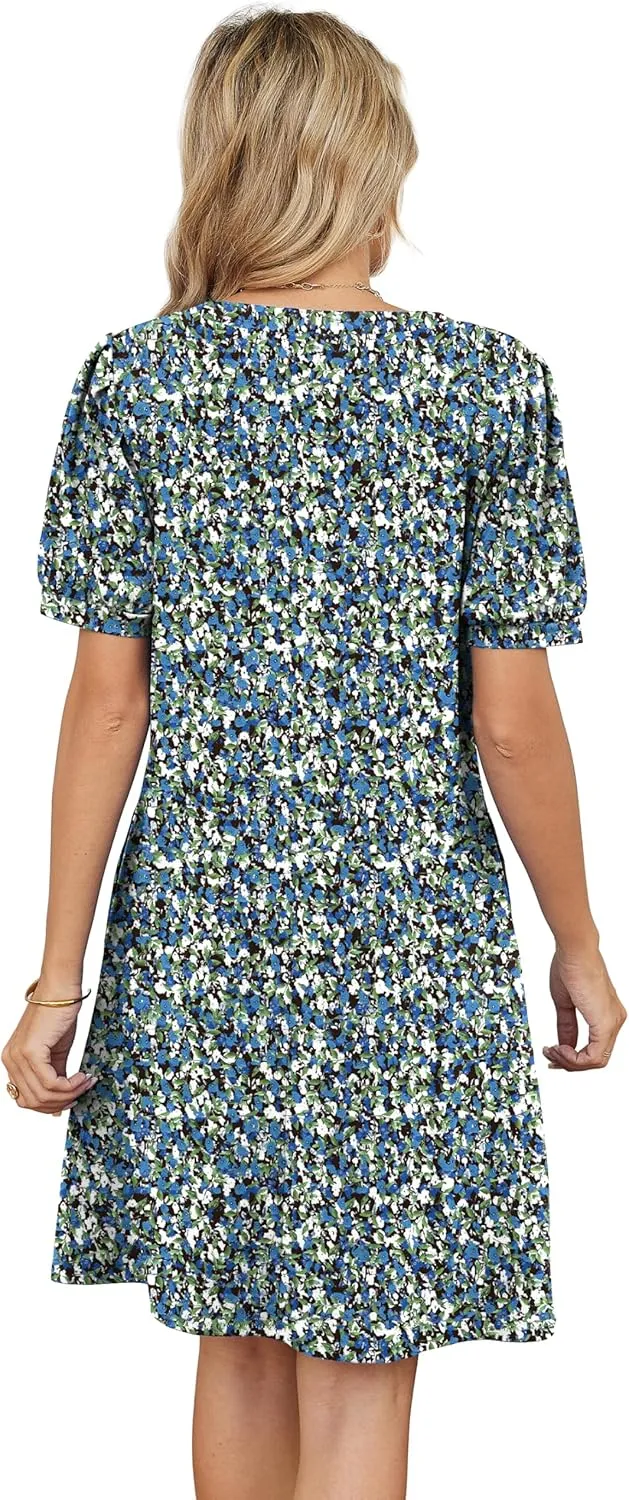 V-Neck Summer Casual Sundress for Women- Puff Short Sleeve Swing Beach Dress with Pockets