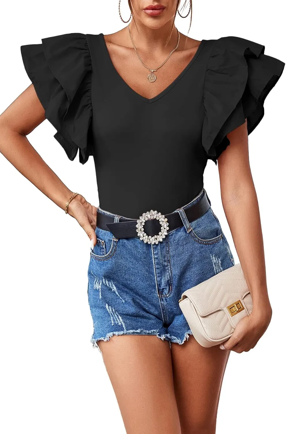 Vrtige Women's V Neck Ruffle Cap Sleeve Summer Blouse Top Shirt