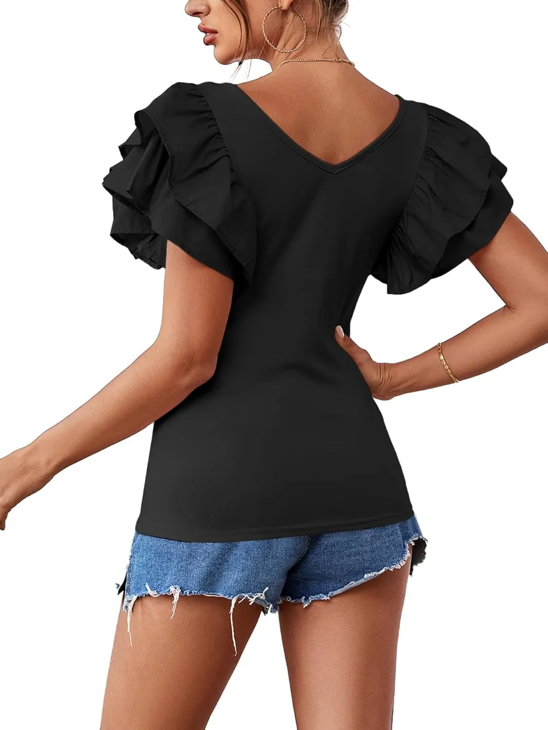 Vrtige Women's V Neck Ruffle Cap Sleeve Summer Blouse Top Shirt