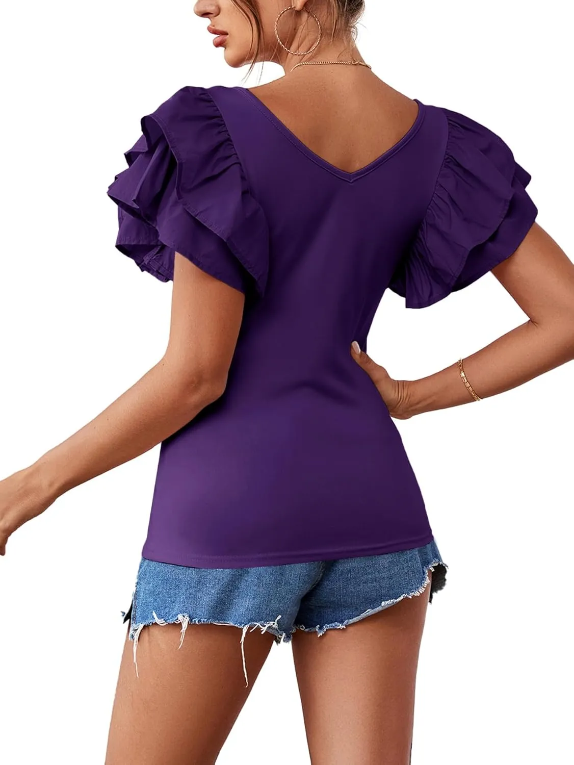 Vrtige Women's V Neck Ruffle Cap Sleeve Summer Blouse Top Shirt