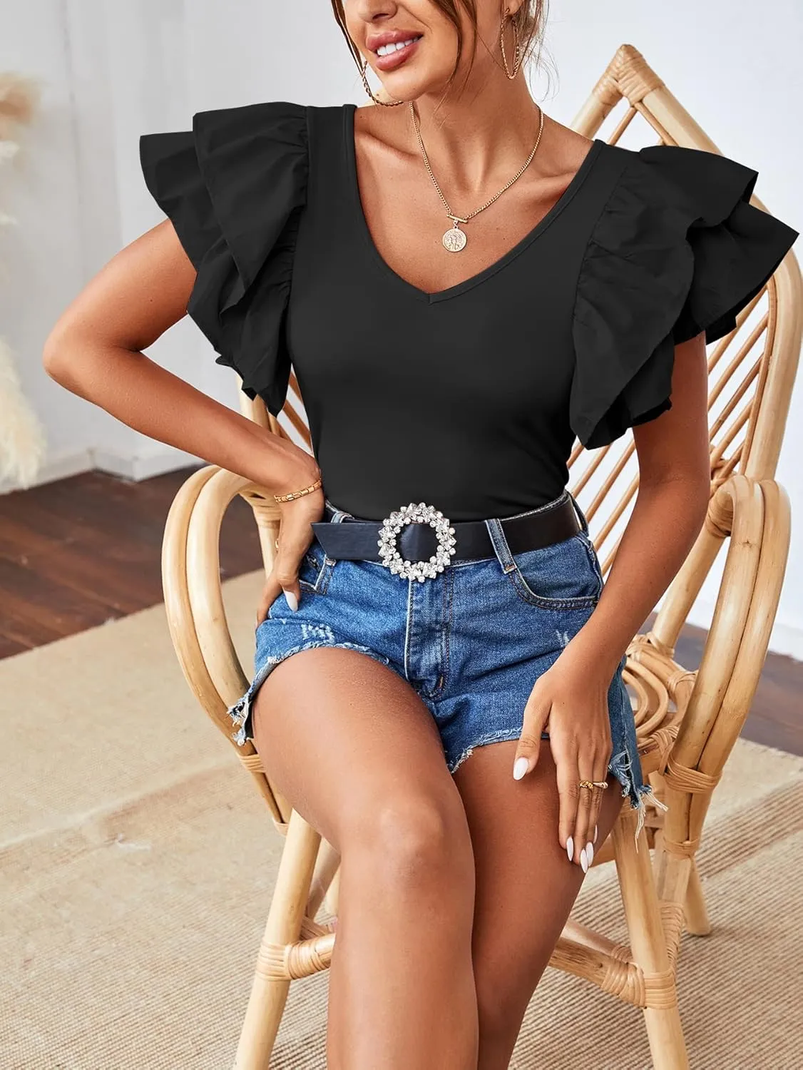 Vrtige Women's V Neck Ruffle Cap Sleeve Summer Blouse Top Shirt