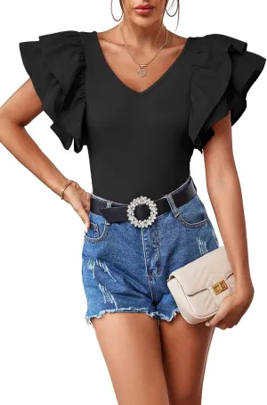 Vrtige Women's V Neck Ruffle Cap Sleeve Summer Blouse Top Shirt