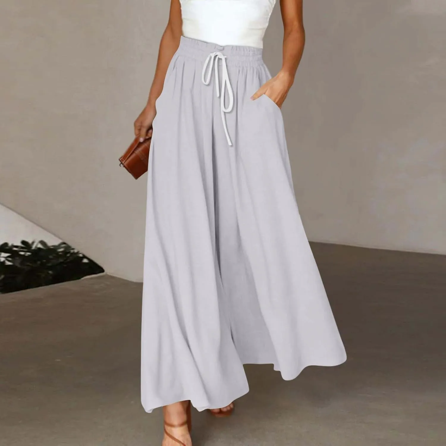 Wide Leg Pants Woman High Waisted Floral Boho Beach Casual Pants Cute Summer Flowy Palazzo Culottes with Pockets