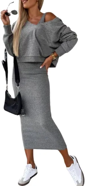 Women 2 Piece Sweatsuit Outfits V Neck Hoodies Sweatshirt Crop Pullover Bodycon Sleeveless Tank Midi Dress Set