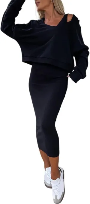 Women 2 Piece Sweatsuit Outfits V Neck Hoodies Sweatshirt Crop Pullover Bodycon Sleeveless Tank Midi Dress Set
