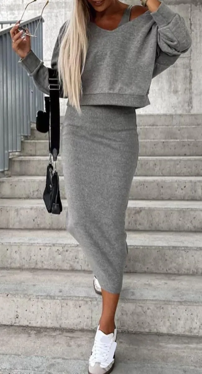 Women 2 Piece Sweatsuit Outfits V Neck Hoodies Sweatshirt Crop Pullover Bodycon Sleeveless Tank Midi Dress Set