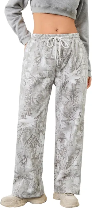 Women Baggy Camo Pants Wide Leg High Waist Drawstring Camouflage Sweatpants Fleece Jogger Pants with Pockets