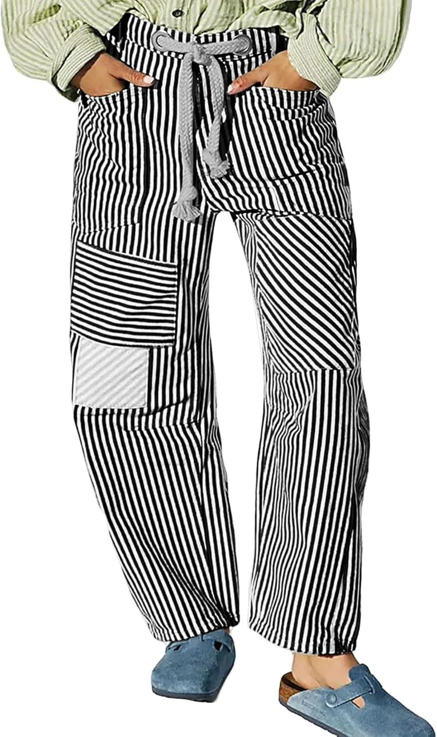 Women Baggy Striped Palazzo Pants Drawstring Patchwork Wide Leg Trousers Loose Elastic Waist Longs with Pockets