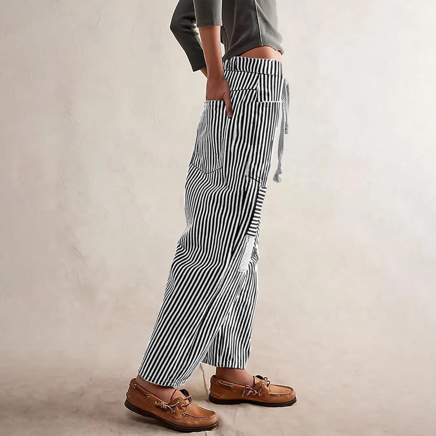 Women Baggy Striped Palazzo Pants Drawstring Patchwork Wide Leg Trousers Loose Elastic Waist Longs with Pockets
