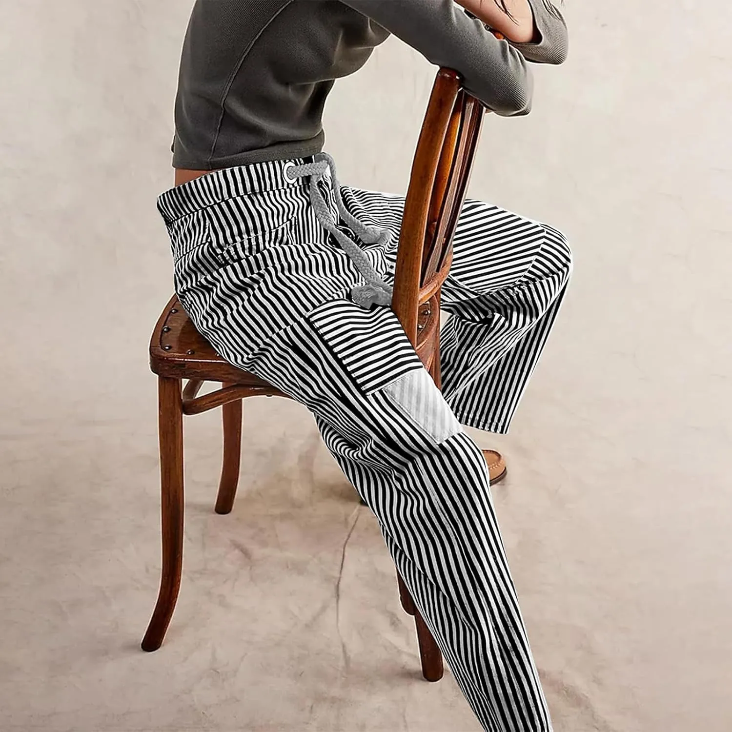 Women Baggy Striped Palazzo Pants Drawstring Patchwork Wide Leg Trousers Loose Elastic Waist Longs with Pockets
