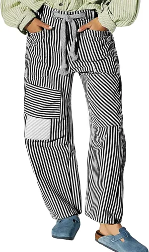 Women Baggy Striped Palazzo Pants Drawstring Patchwork Wide Leg Trousers Loose Elastic Waist Longs with Pockets