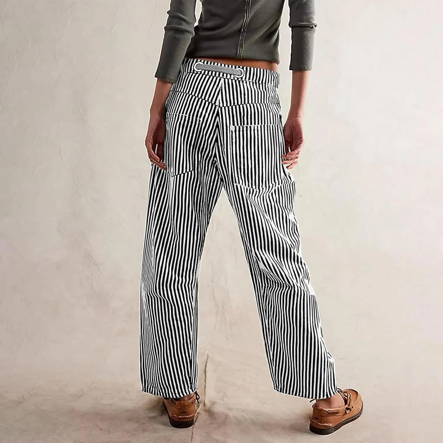 Women Baggy Striped Palazzo Pants Drawstring Patchwork Wide Leg Trousers Loose Elastic Waist Longs with Pockets