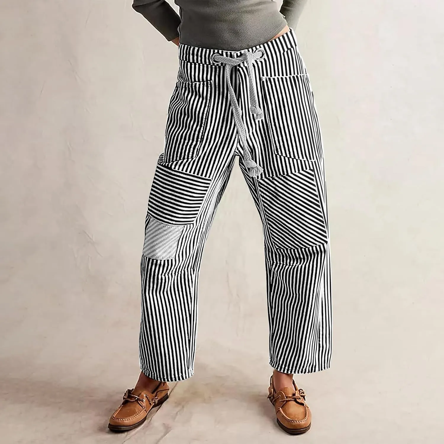 Women Baggy Striped Palazzo Pants Drawstring Patchwork Wide Leg Trousers Loose Elastic Waist Longs with Pockets