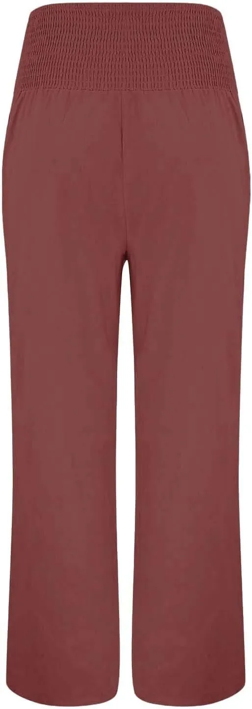 Women Beach Linen Pant Trendy Wide Leg Hawaiian Joggers Boho Flowy Trouser Office Work Relax Fit Palazzo Casual Pants
