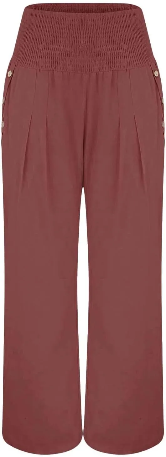 Women Beach Linen Pant Trendy Wide Leg Hawaiian Joggers Boho Flowy Trouser Office Work Relax Fit Palazzo Casual Pants