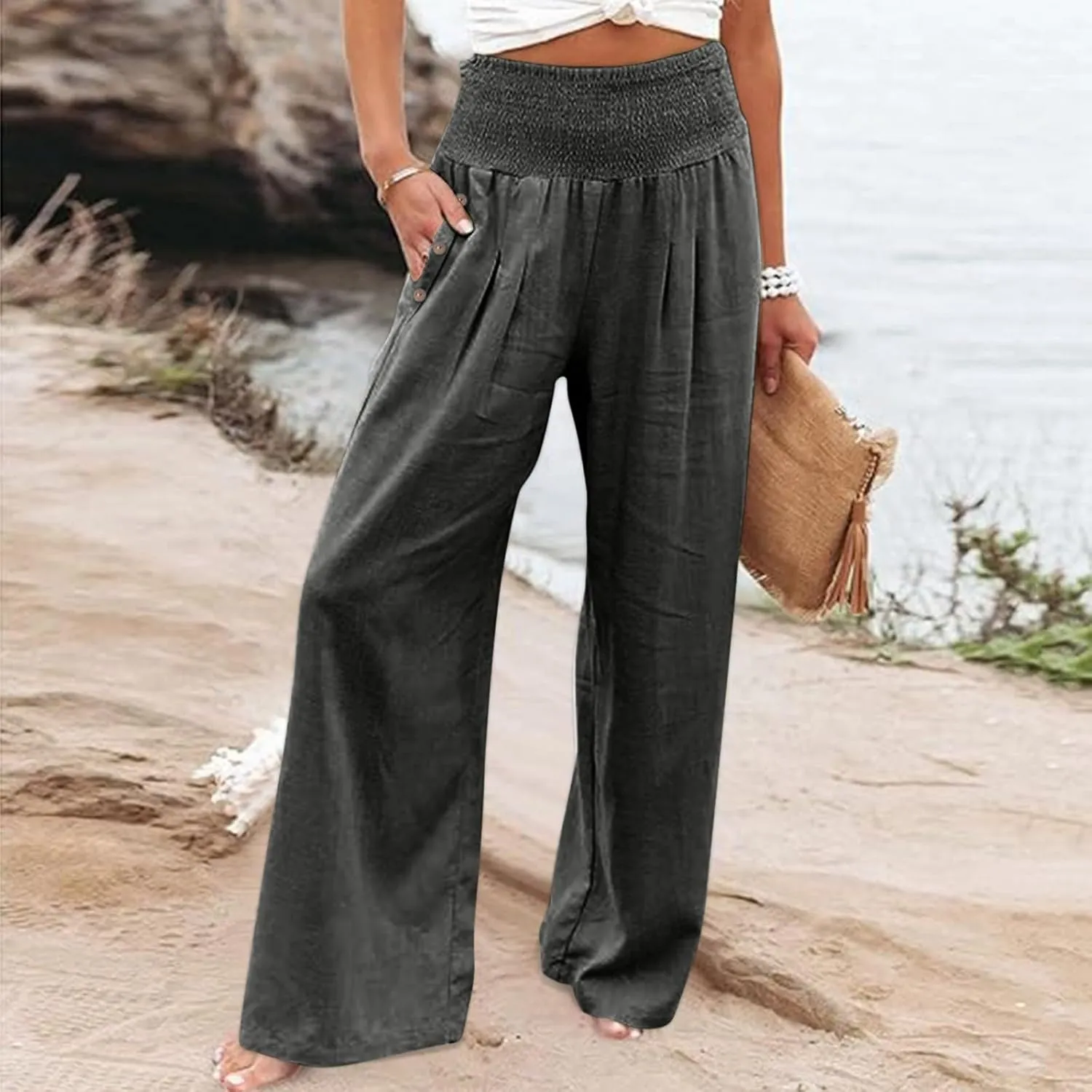 Women Beach Linen Pant Trendy Wide Leg Hawaiian Joggers Boho Flowy Trouser Office Work Relax Fit Palazzo Casual Pants