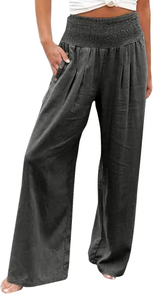 Women Beach Linen Pant Trendy Wide Leg Hawaiian Joggers Boho Flowy Trouser Office Work Relax Fit Palazzo Casual Pants