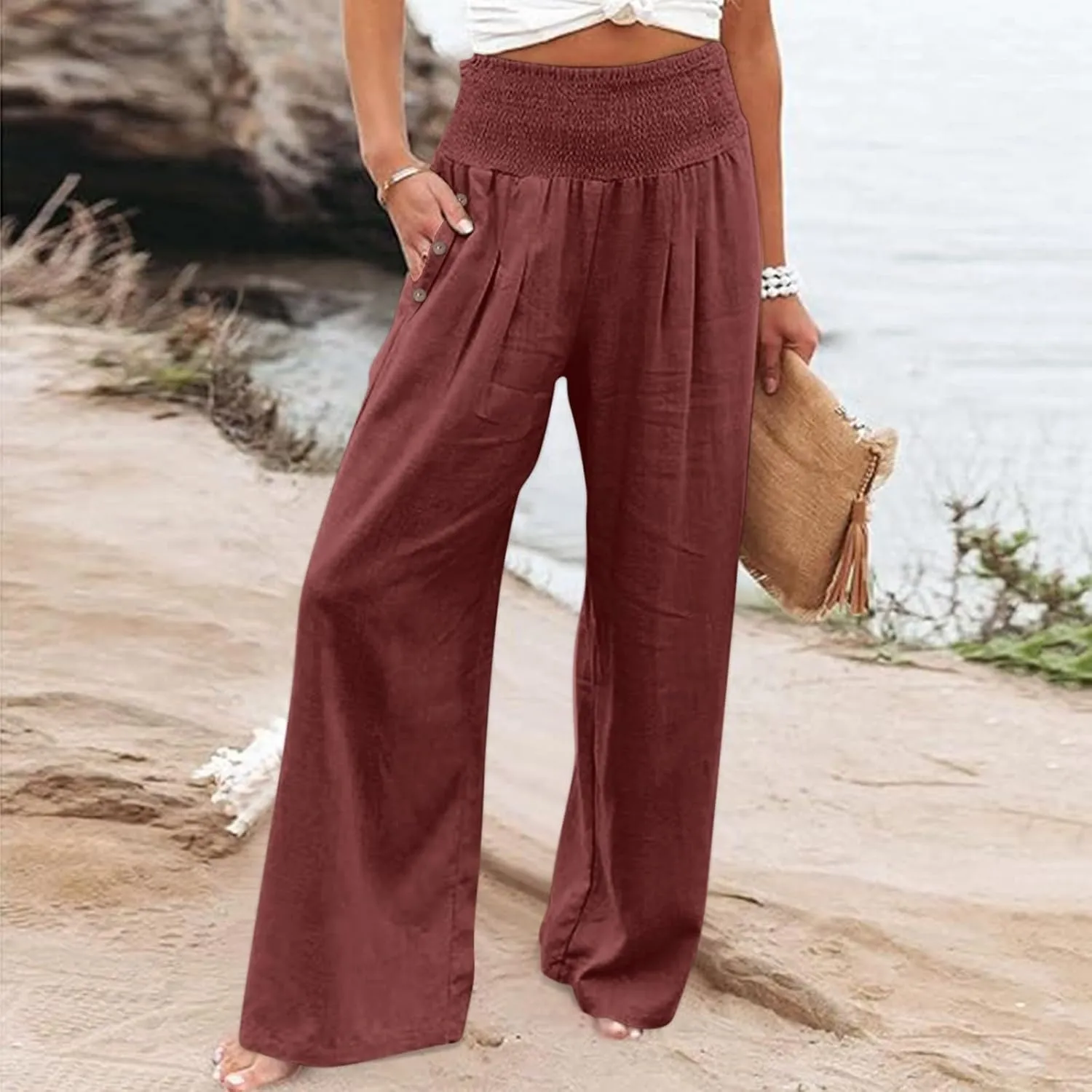 Women Beach Linen Pant Trendy Wide Leg Hawaiian Joggers Boho Flowy Trouser Office Work Relax Fit Palazzo Casual Pants