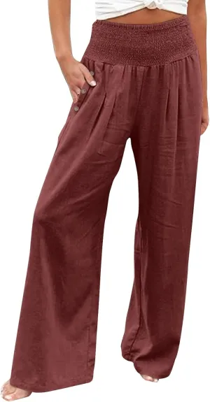 Women Beach Linen Pant Trendy Wide Leg Hawaiian Joggers Boho Flowy Trouser Office Work Relax Fit Palazzo Casual Pants