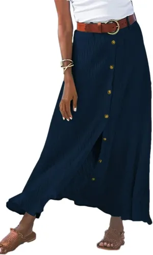 Women Bohemian Style Daily and Half Skirt Plain Color Basics High Waist Beach Button Midi Skirts