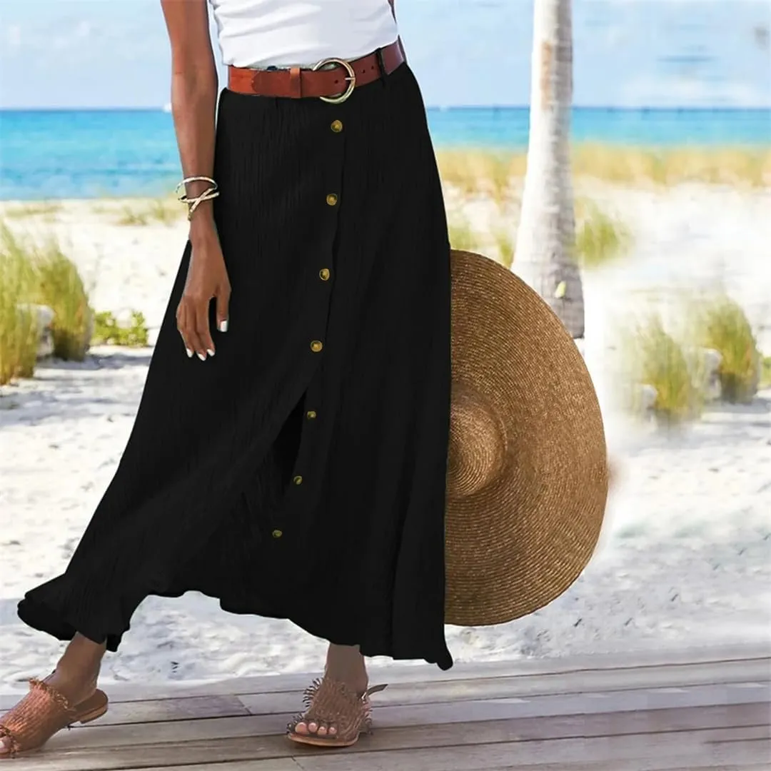 Women Bohemian Style Daily and Half Skirt Plain Color Basics High Waist Beach Button Midi Skirts