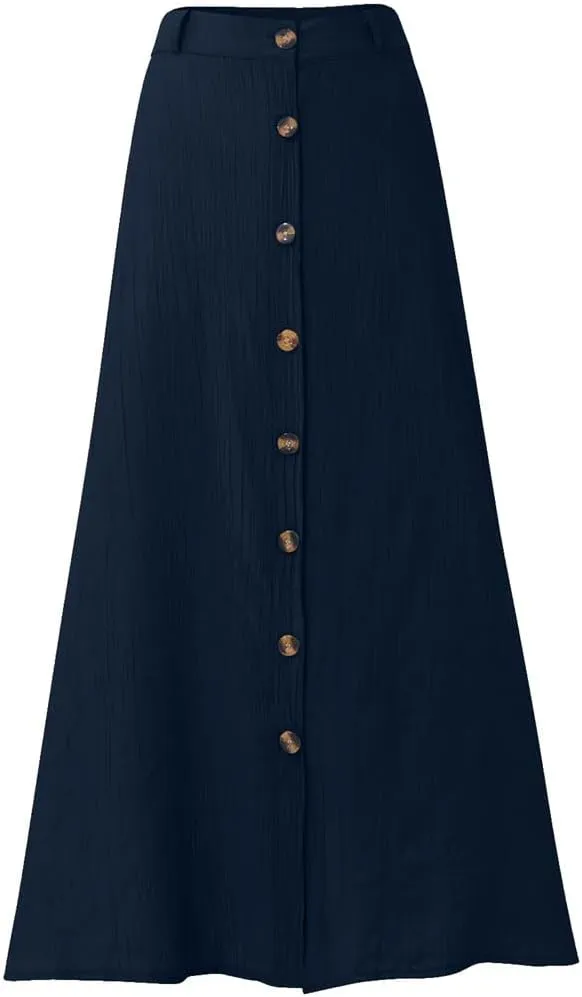Women Bohemian Style Daily and Half Skirt Plain Color Basics High Waist Beach Button Midi Skirts