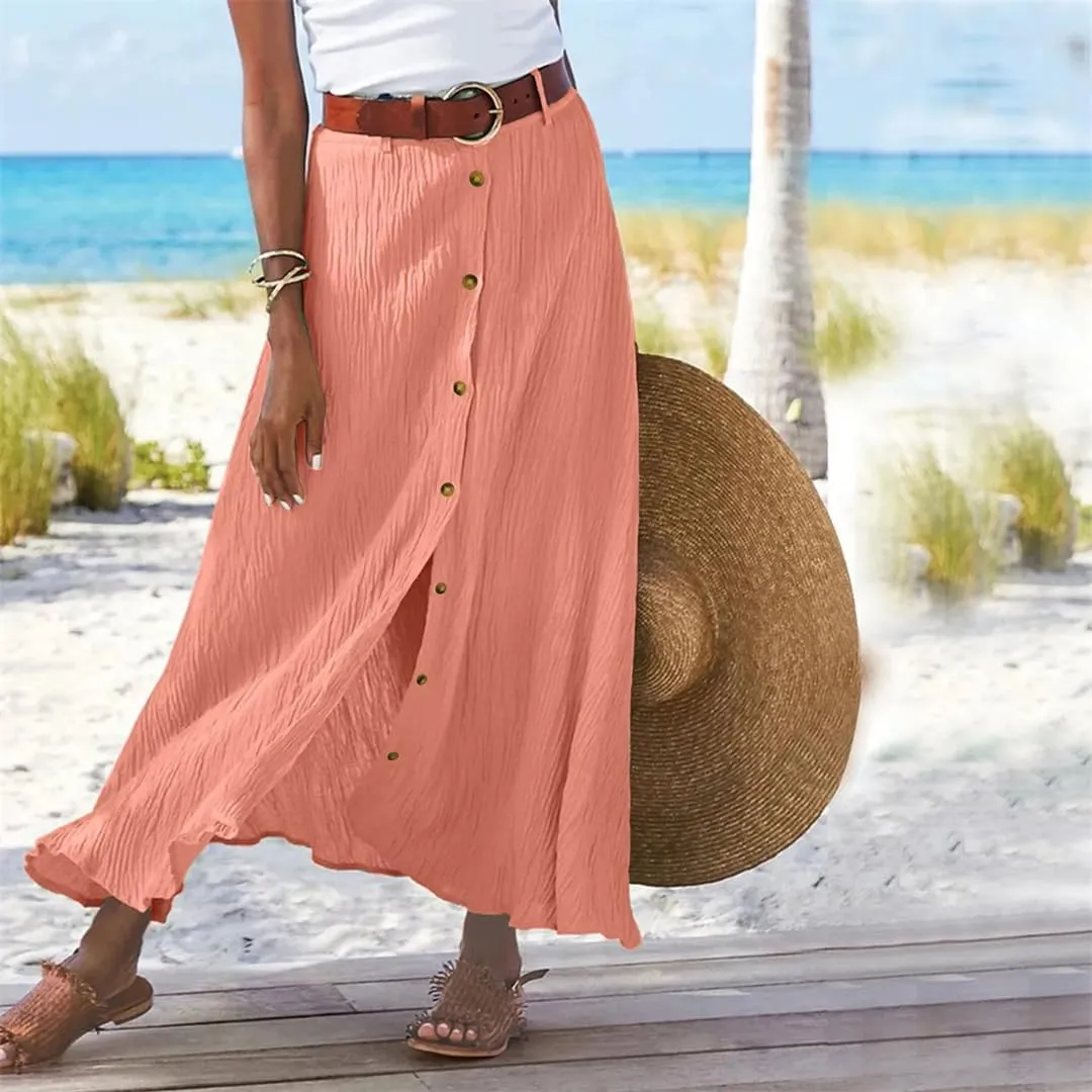 Women Bohemian Style Daily and Half Skirt Plain Color Basics High Waist Beach Button Midi Skirts