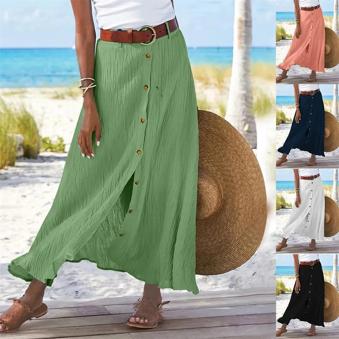 Women Bohemian Style Daily and Half Skirt Plain Color Basics High Waist Beach Button Midi Skirts