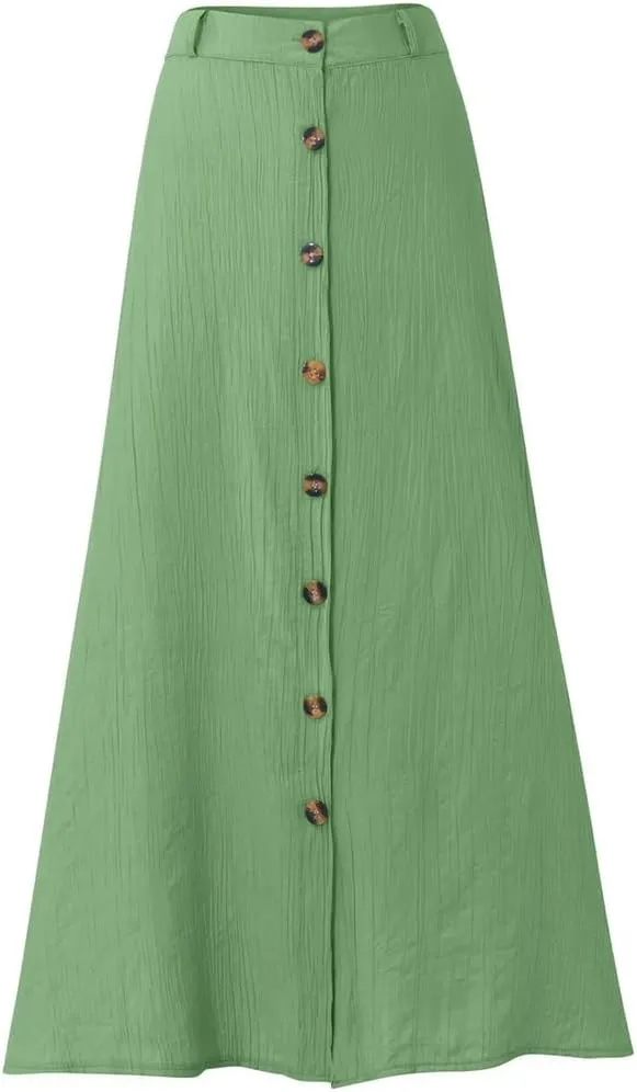 Women Bohemian Style Daily and Half Skirt Plain Color Basics High Waist Beach Button Midi Skirts