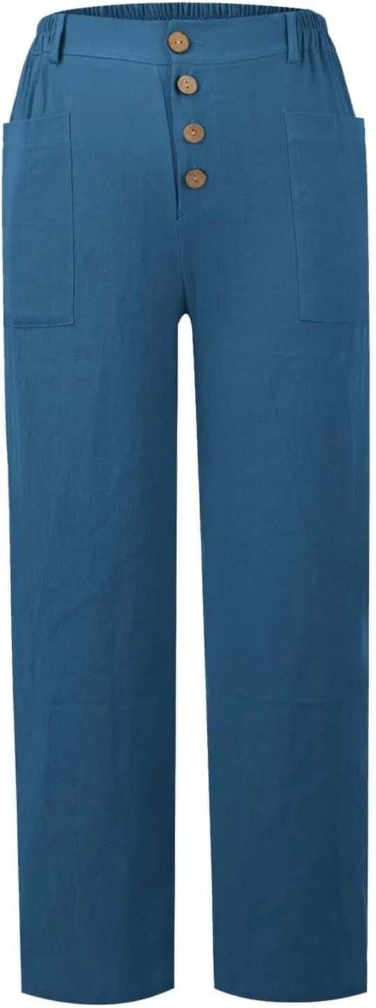 Women Button Linen Pant Trendy Straight Leg High Waisted Roll-up Leg Pockets Trousers Street Hip Hop Y2K Casual Pants