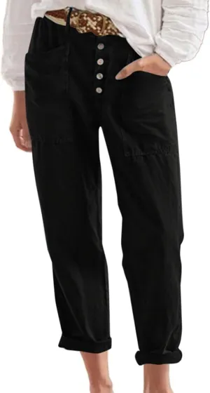 Women Button Linen Pant Trendy Straight Leg High Waisted Roll-up Leg Pockets Trousers Street Hip Hop Y2K Casual Pants