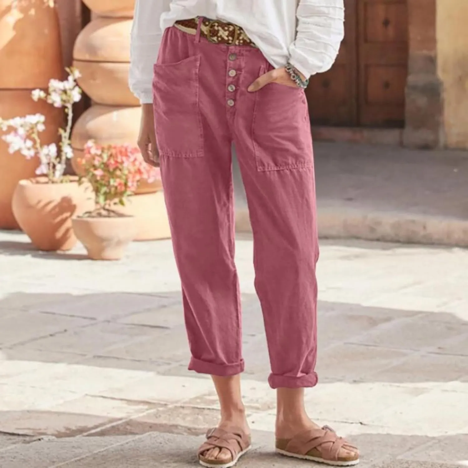 Women Button Linen Pant Trendy Straight Leg High Waisted Roll-up Leg Pockets Trousers Street Hip Hop Y2K Casual Pants