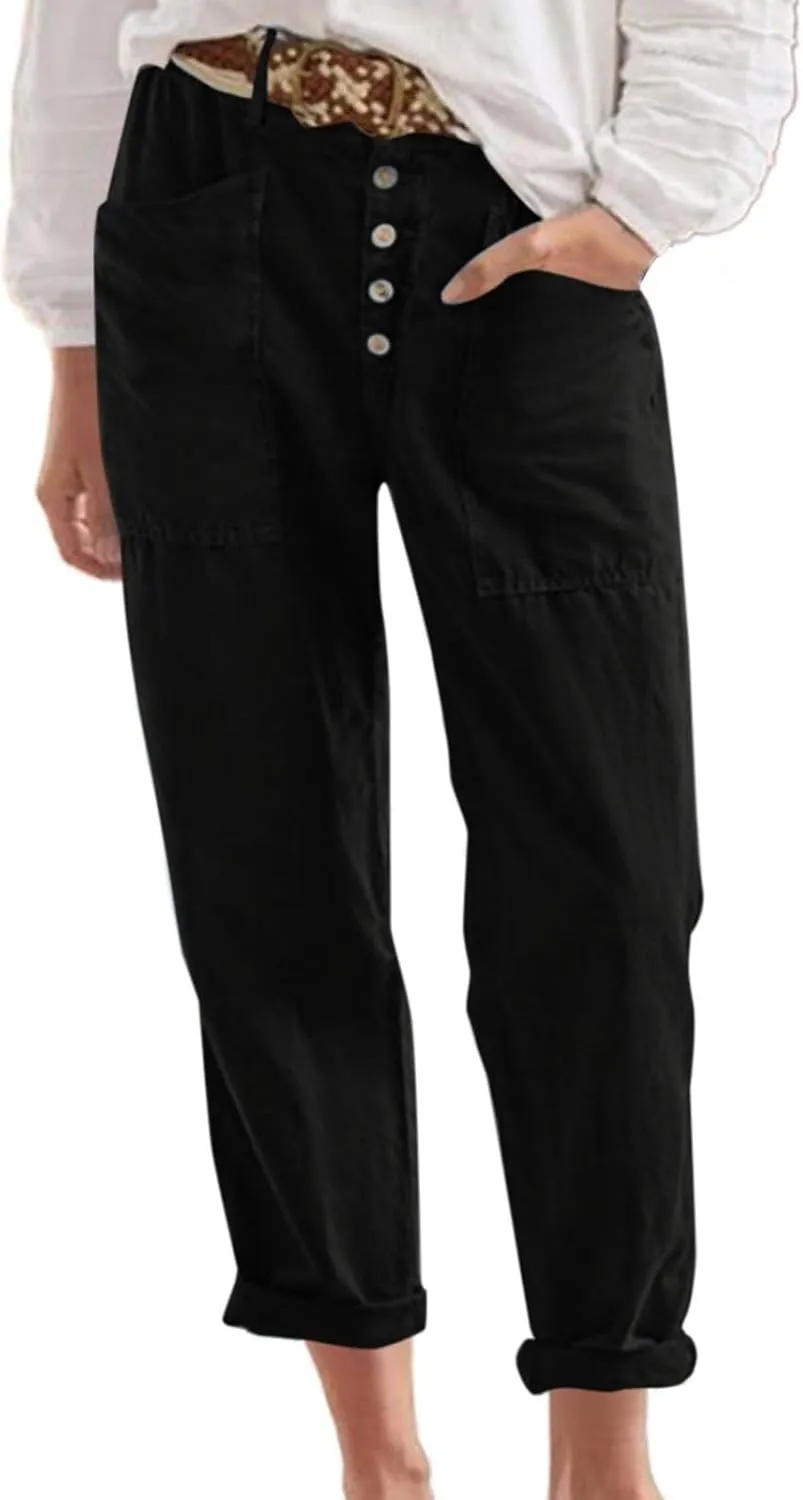 Women Button Linen Pant Trendy Straight Leg High Waisted Roll-up Leg Pockets Trousers Street Hip Hop Y2K Casual Pants