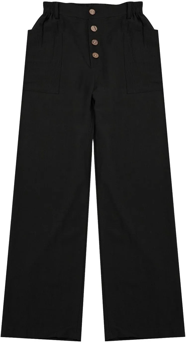 Women Button Linen Pant Trendy Straight Leg High Waisted Roll-up Leg Pockets Trousers Street Hip Hop Y2K Casual Pants