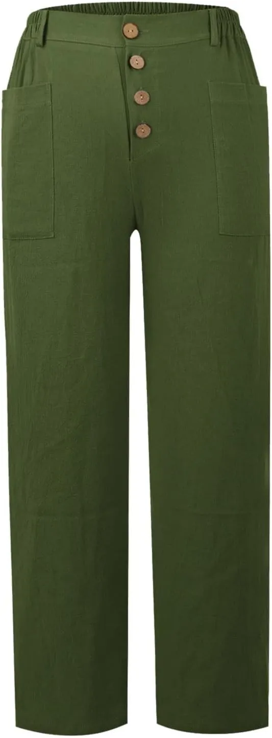 Women Button Linen Pant Trendy Straight Leg High Waisted Roll-up Leg Pockets Trousers Street Hip Hop Y2K Casual Pants