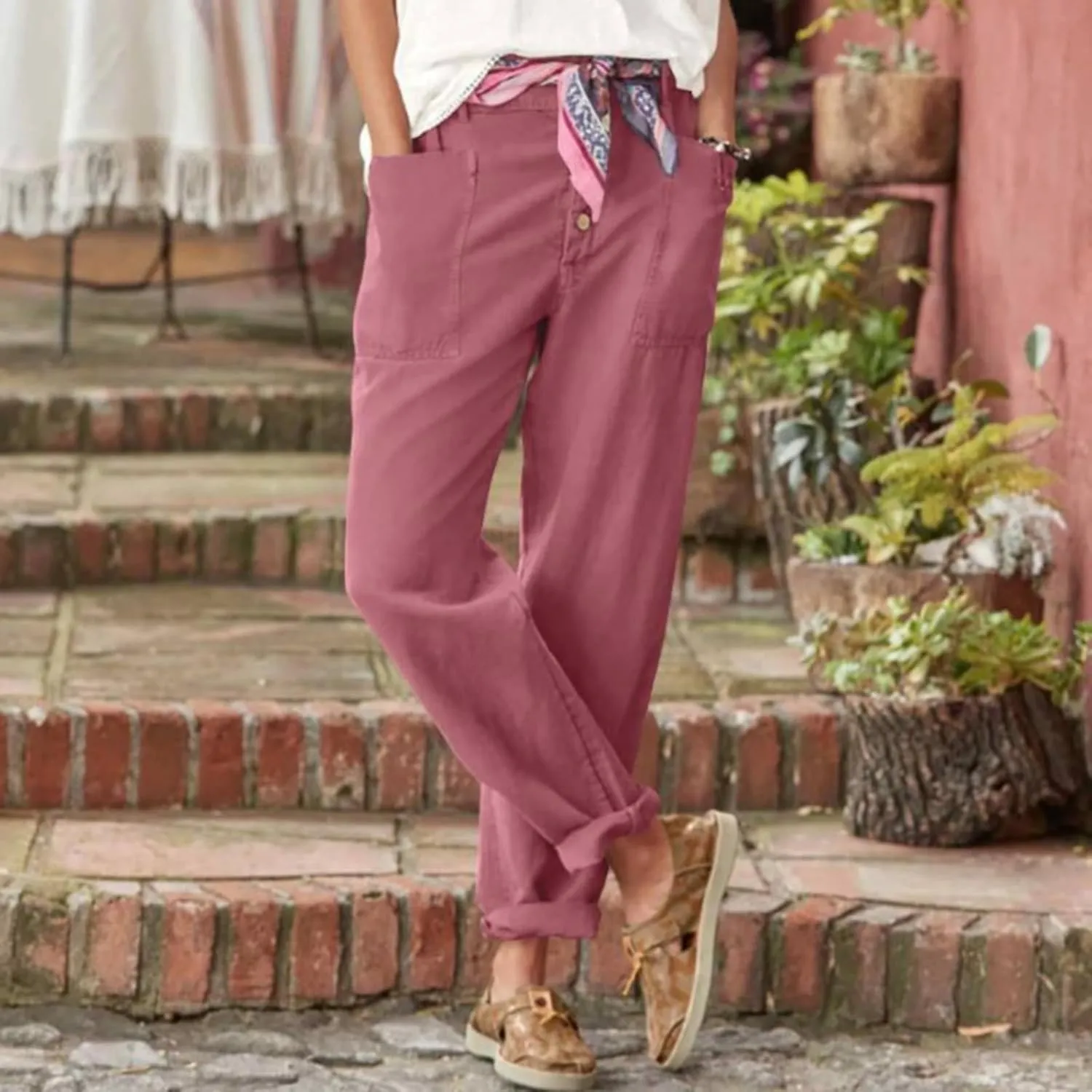 Women Button Linen Pant Trendy Straight Leg High Waisted Roll-up Leg Pockets Trousers Street Hip Hop Y2K Casual Pants