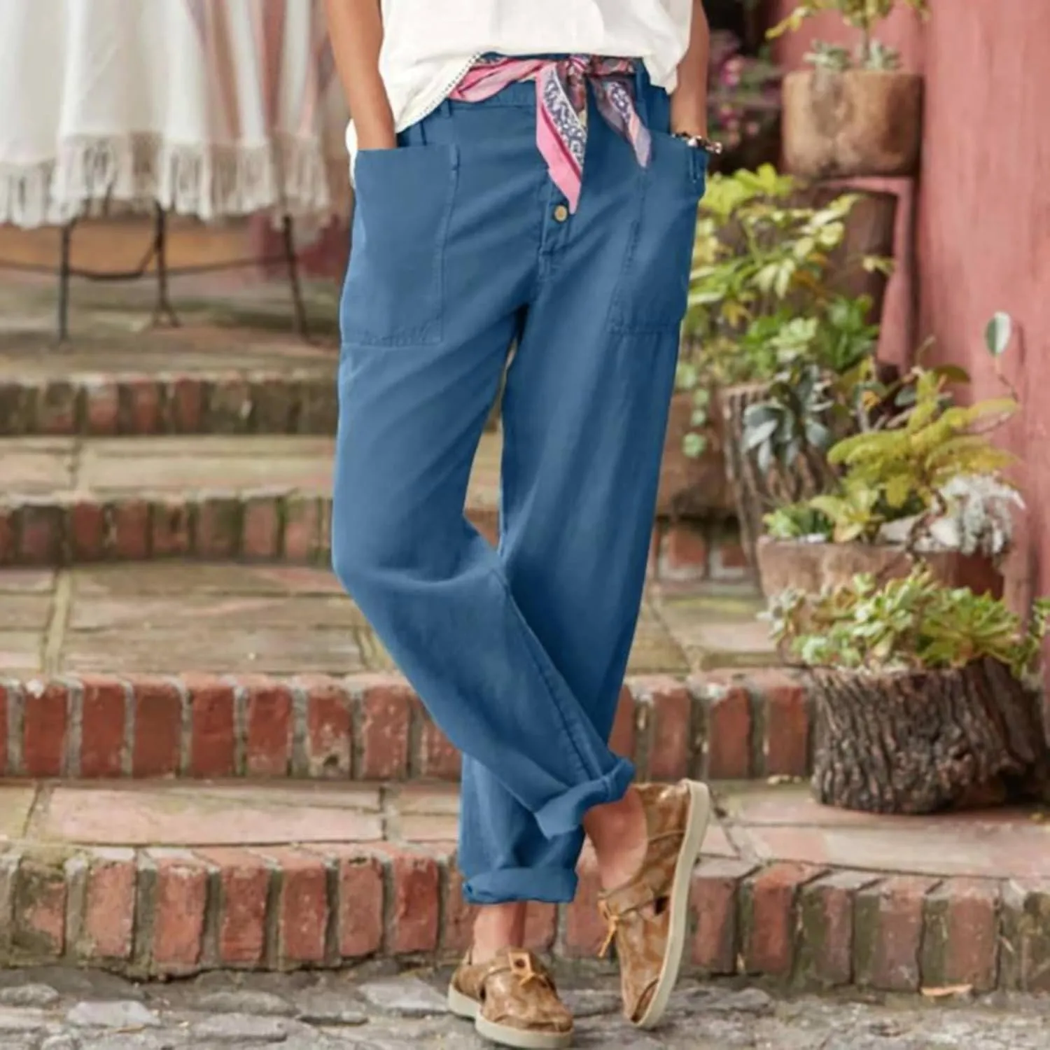 Women Button Linen Pant Trendy Straight Leg High Waisted Roll-up Leg Pockets Trousers Street Hip Hop Y2K Casual Pants