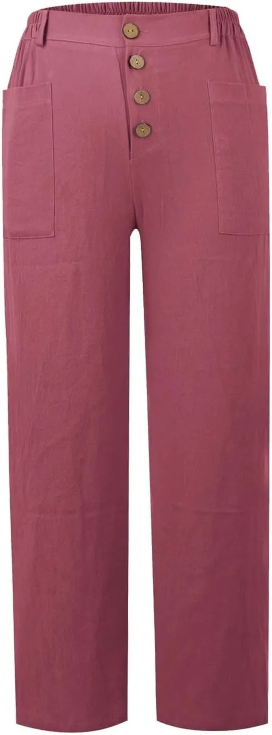 Women Button Linen Pant Trendy Straight Leg High Waisted Roll-up Leg Pockets Trousers Street Hip Hop Y2K Casual Pants