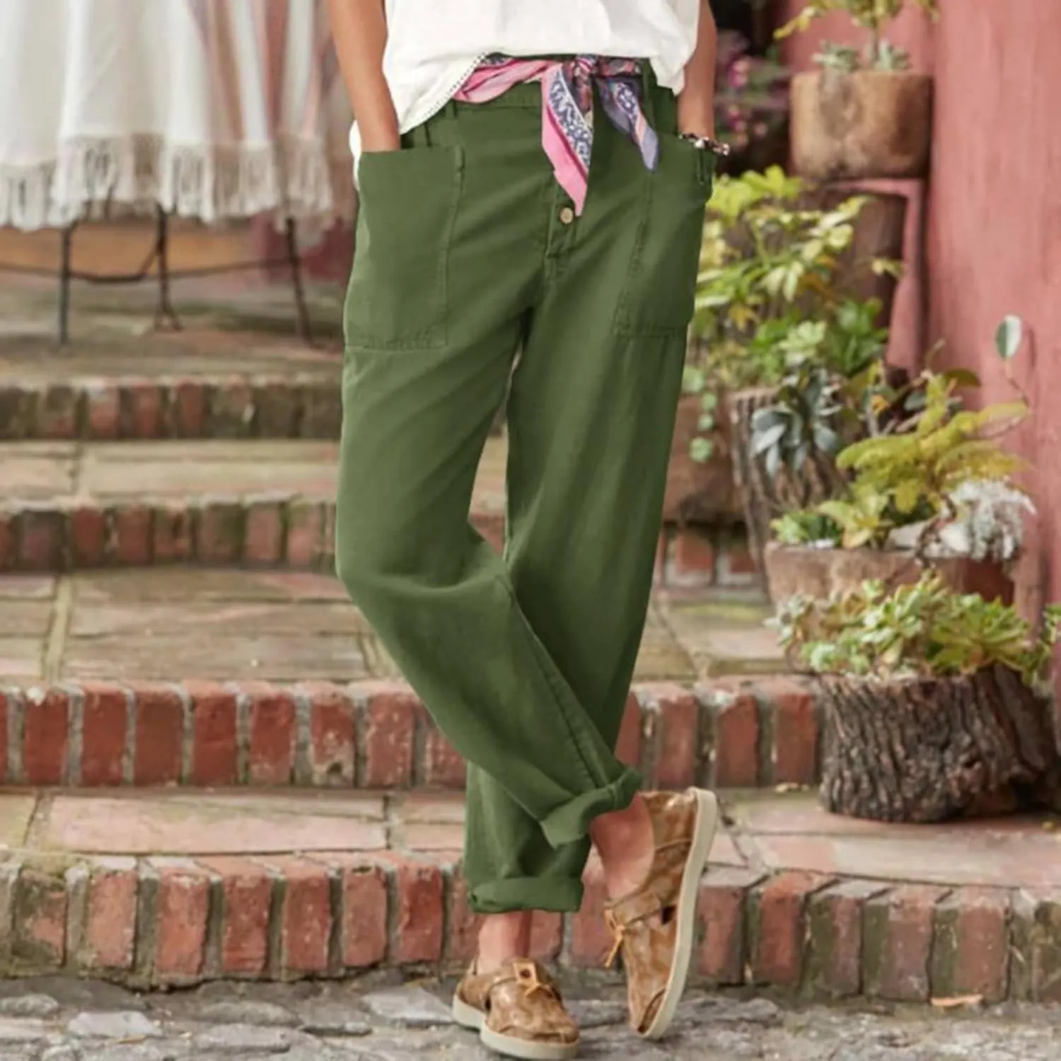 Women Button Linen Pant Trendy Straight Leg High Waisted Roll-up Leg Pockets Trousers Street Hip Hop Y2K Casual Pants