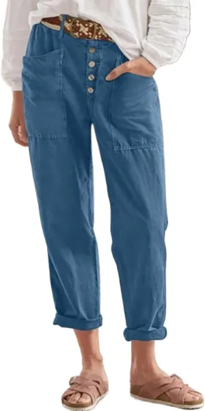 Women Button Linen Pant Trendy Straight Leg High Waisted Roll-up Leg Pockets Trousers Street Hip Hop Y2K Casual Pants
