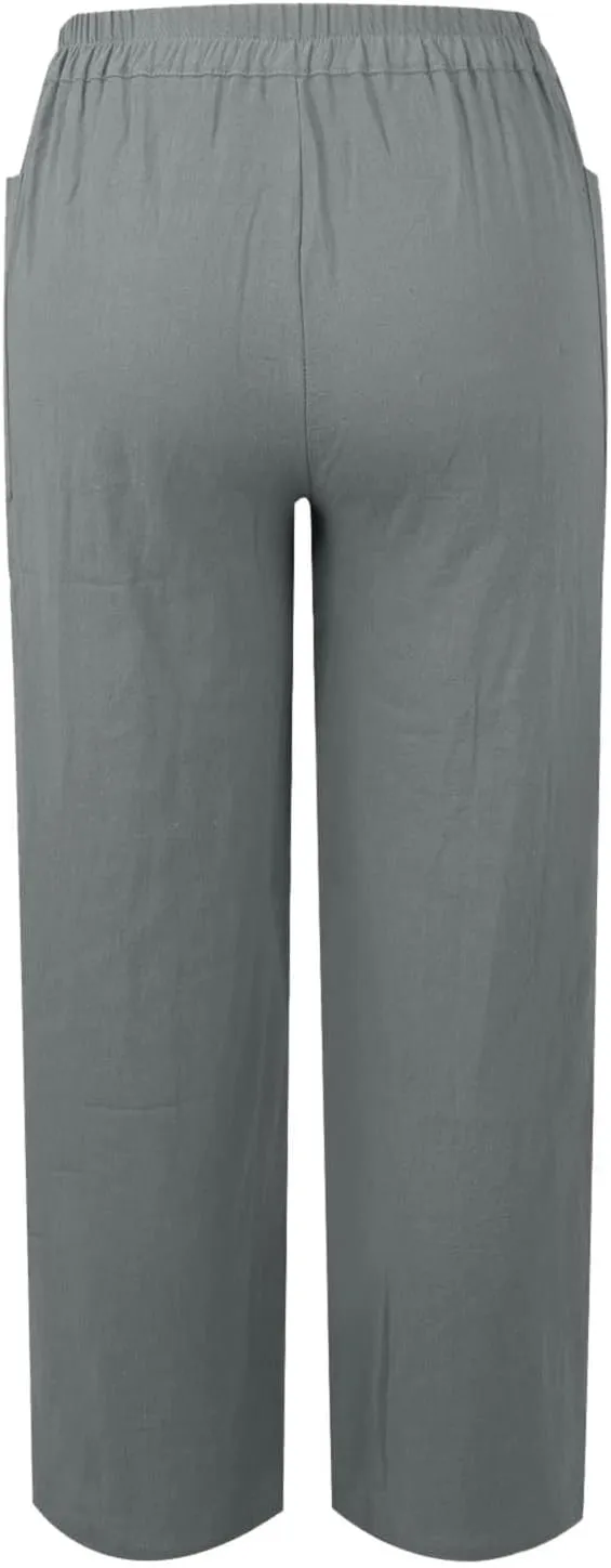 Women Button Linen Pant Trendy Straight Leg High Waisted Roll-up Leg Pockets Trousers Street Hip Hop Y2K Casual Pants