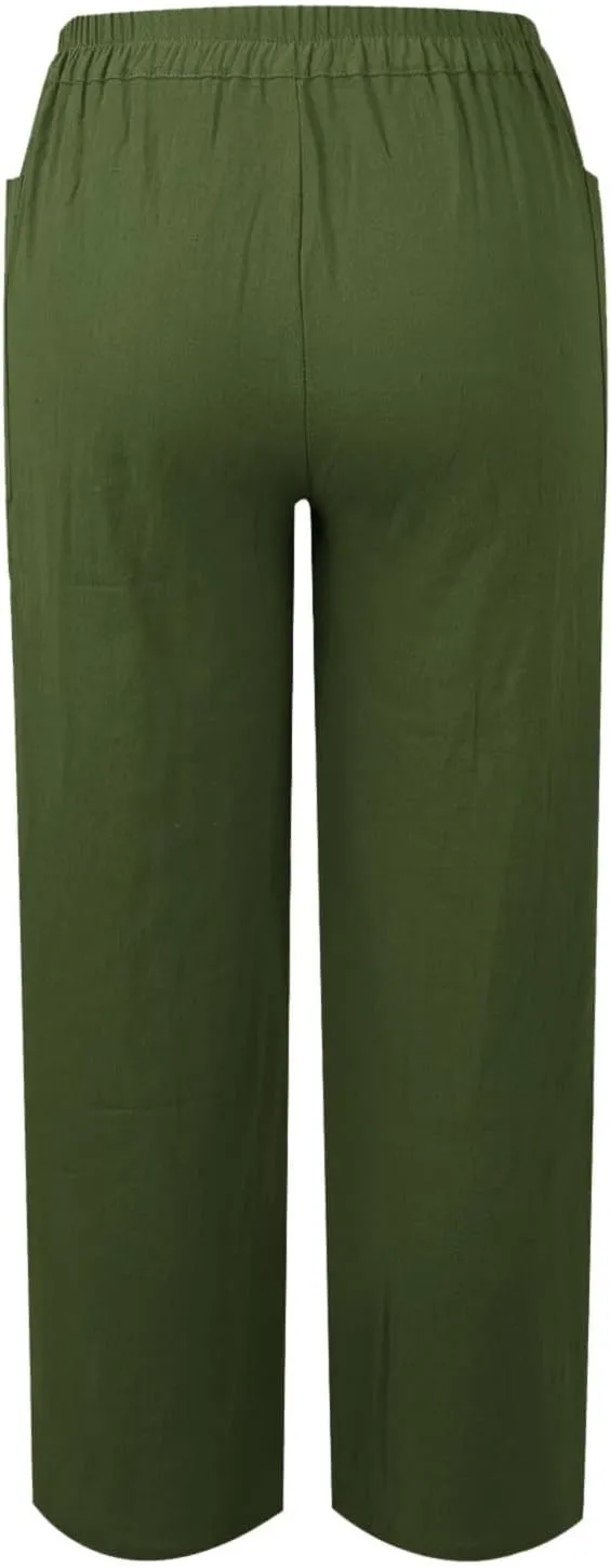 Women Button Linen Pant Trendy Straight Leg High Waisted Roll-up Leg Pockets Trousers Street Hip Hop Y2K Casual Pants