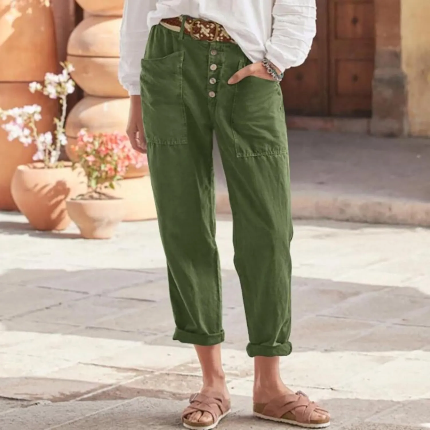 Women Button Linen Pant Trendy Straight Leg High Waisted Roll-up Leg Pockets Trousers Street Hip Hop Y2K Casual Pants