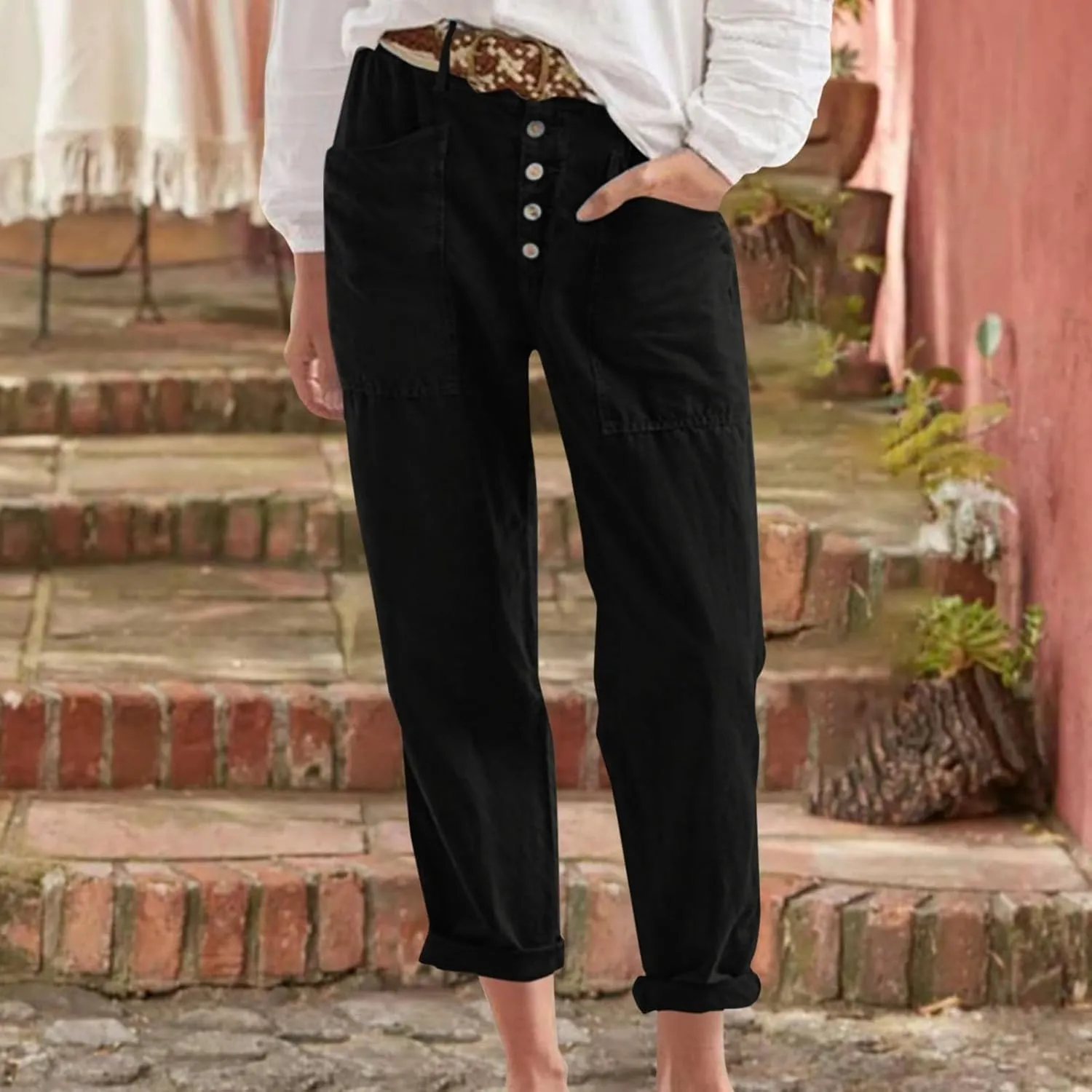 Women Button Linen Pant Trendy Straight Leg High Waisted Roll-up Leg Pockets Trousers Street Hip Hop Y2K Casual Pants