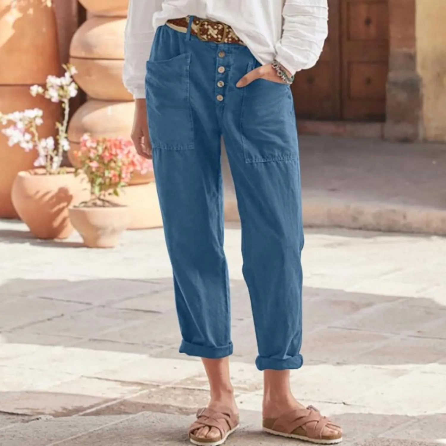 Women Button Linen Pant Trendy Straight Leg High Waisted Roll-up Leg Pockets Trousers Street Hip Hop Y2K Casual Pants