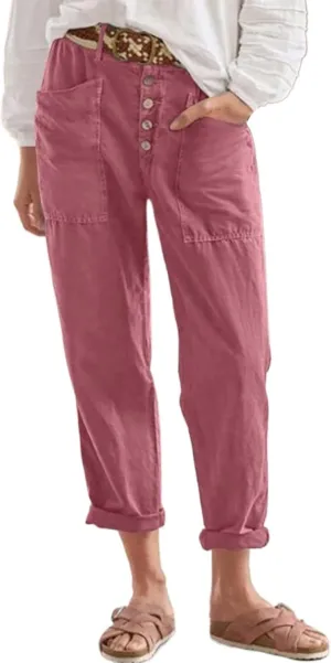 Women Button Linen Pant Trendy Straight Leg High Waisted Roll-up Leg Pockets Trousers Street Hip Hop Y2K Casual Pants
