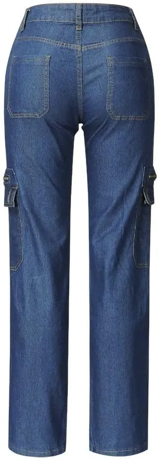Women Cargo Jeans Street Hip Hop Y2K Multi-Pocket Palazzo Trendy Denim Pant Belt Button Zipper Casual Streetwear Pant