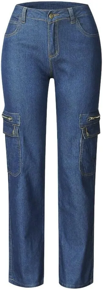 Women Cargo Jeans Street Hip Hop Y2K Multi-Pocket Palazzo Trendy Denim Pant Belt Button Zipper Casual Streetwear Pant